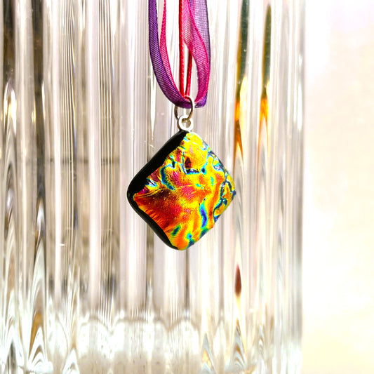 Volcano Dichroic Glass Pendant on Ribbon Necklace