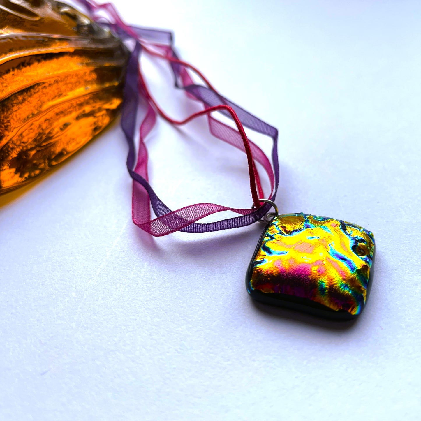 Volcano Dichroic Glass Pendant on Ribbon Necklace