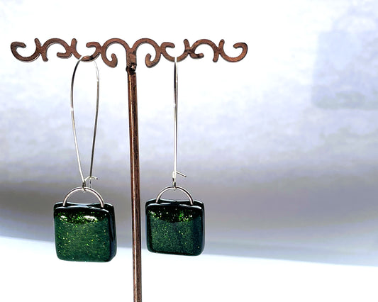 Aventurine glittery green glass earrings with kidney wires