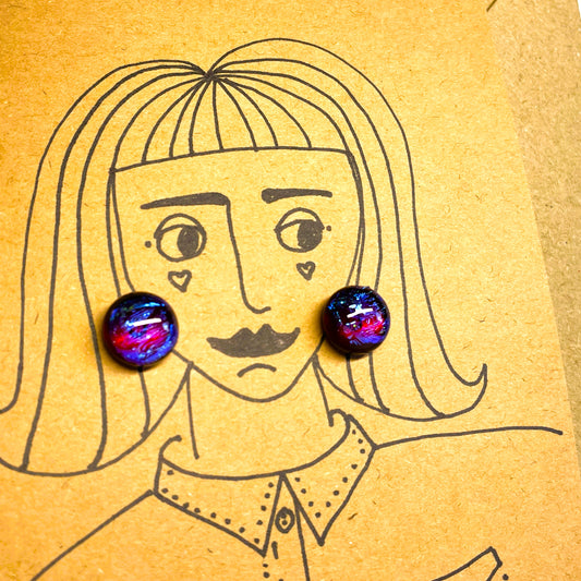 Cranberry & Electric Blue Dichroic Glass Stud Earrings