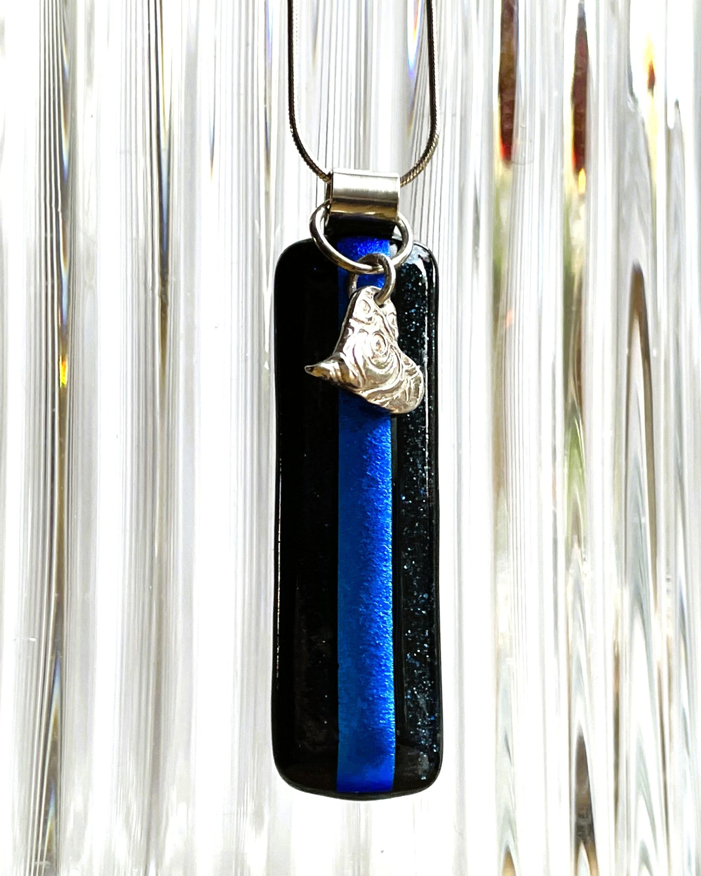 Blue on Blue Dichroic Glass Pendant with Silver Heart