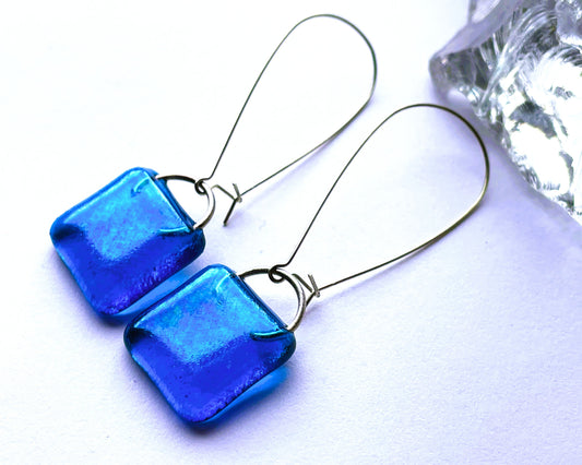 Iridescent blue fused glass earrings with large kidney wires