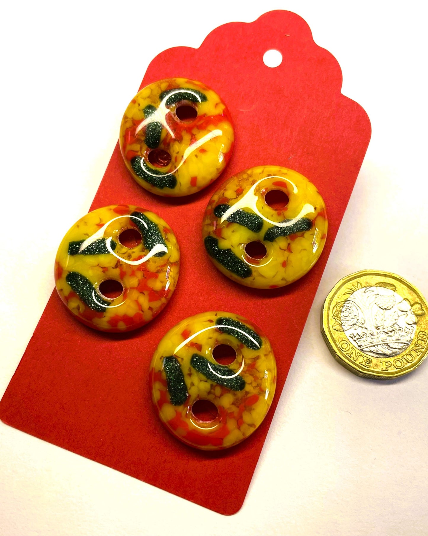 Handmade Fused Glass Buttons – Yellow & Green Sparkle, Set of 4