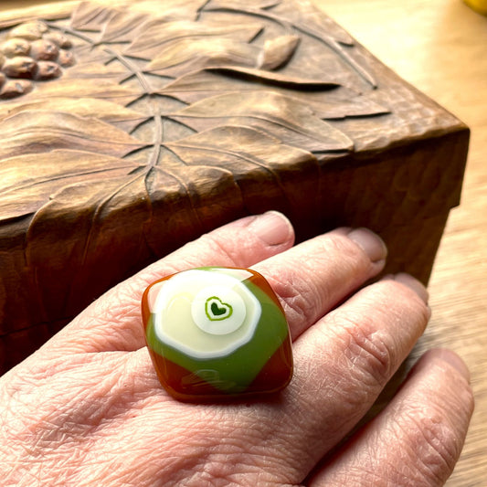 Green Heart Fused Glass Ring