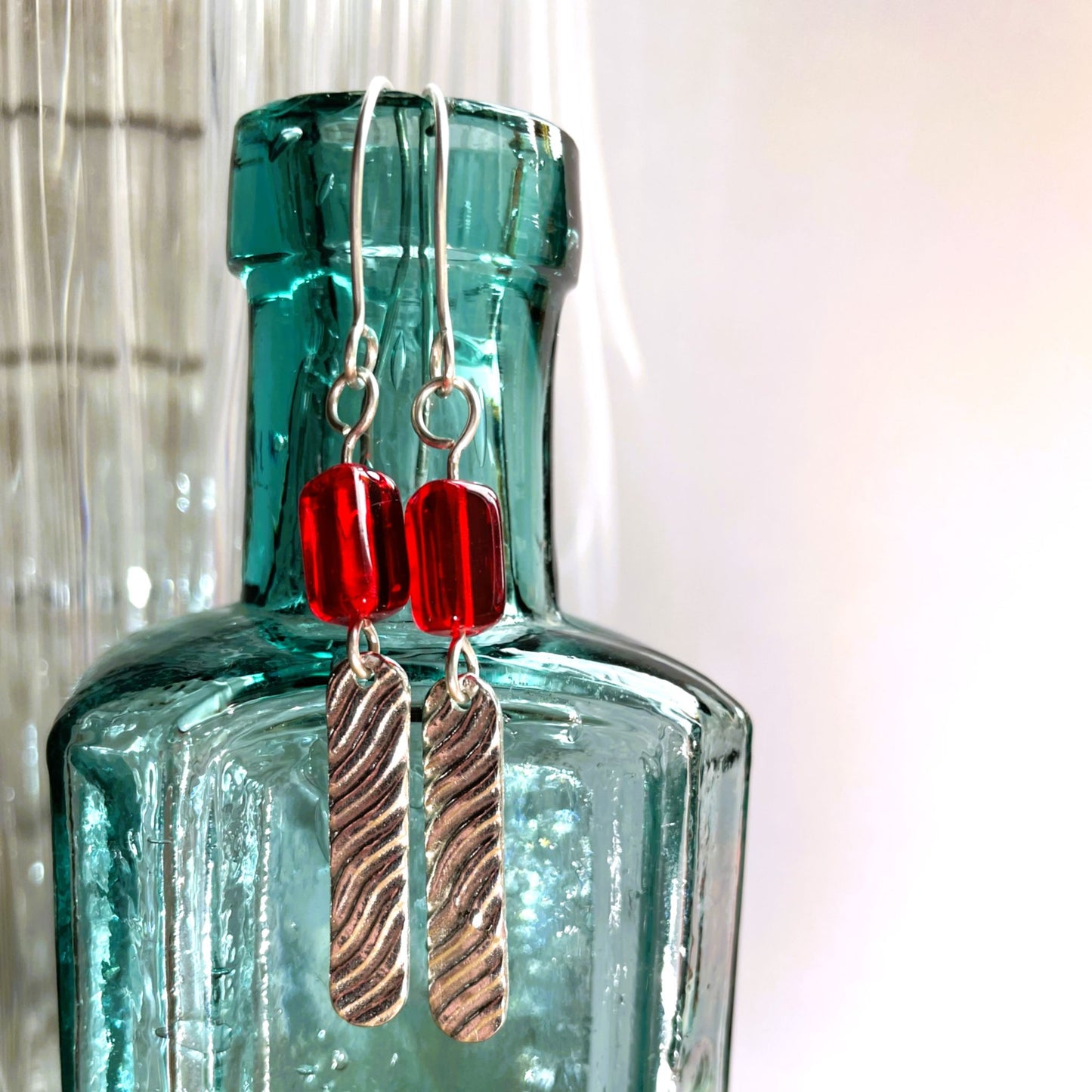 Long Red Bead Silver Metal Clay Earrings