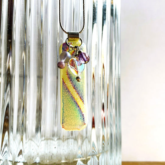 Vanilla & Dichroic Glass Pendant with Gemstone Charms