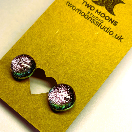 Pink with a Touch of Green Dichroic Glass Stud Earrings