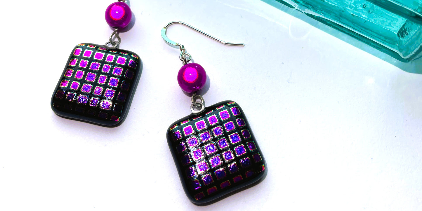 Purple and pink checked dichroic earrings