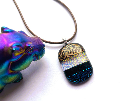 Four Texture Dichroic Glass Pendant – Brown, Gold & Petrol Blue