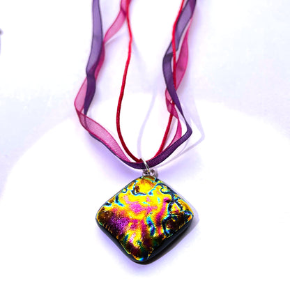 Volcano Dichroic Glass Pendant on Ribbon Necklace