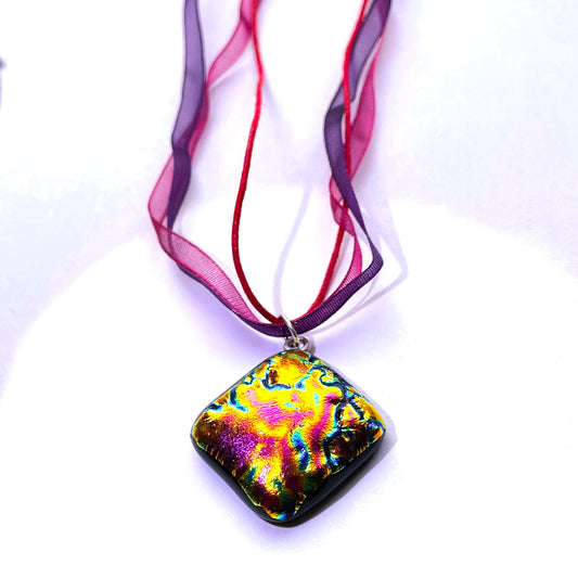 Volcano Dichroic Glass Pendant on Ribbon Necklace