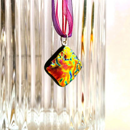 Volcano Dichroic Glass Pendant on Ribbon Necklace