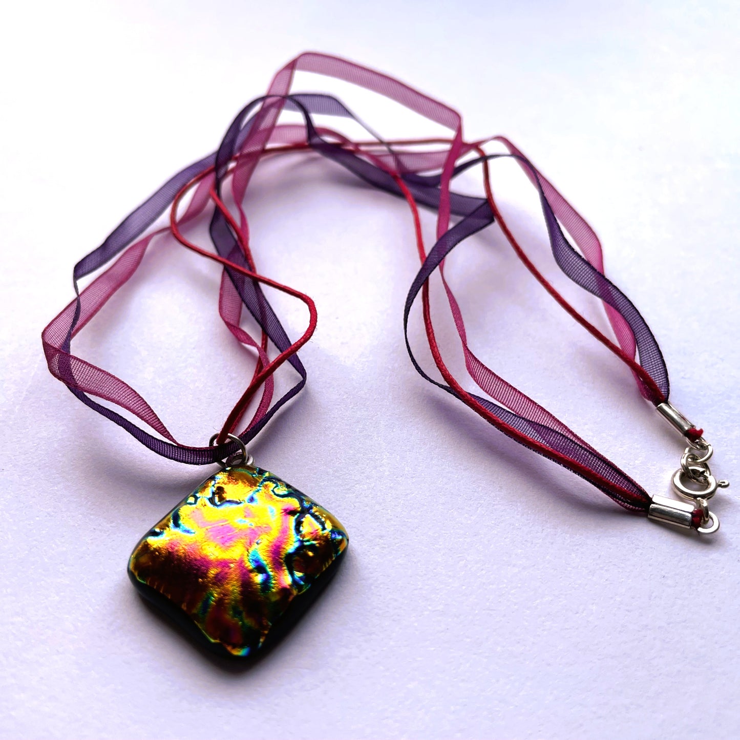 Volcano Dichroic Glass Pendant on Ribbon Necklace