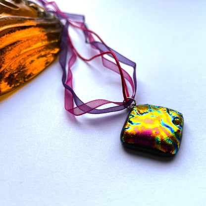 Volcano Dichroic Glass Pendant on Ribbon Necklace