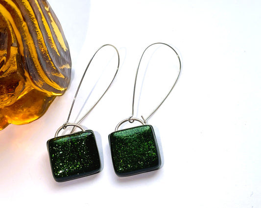 Aventurine glittery green glass earrings with kidney wires