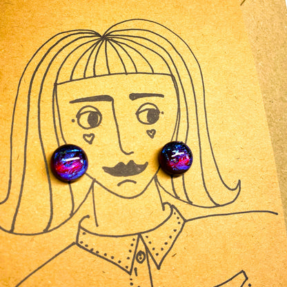 Cranberry & Electric Blue Dichroic Glass Stud Earrings
