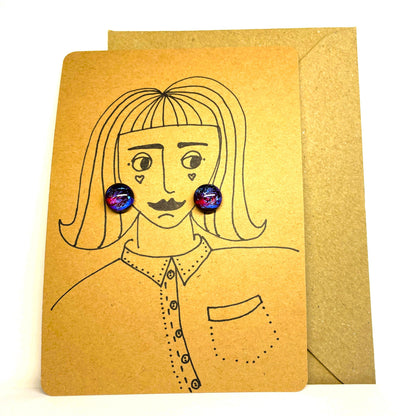 Cranberry & Electric Blue Dichroic Glass Stud Earrings
