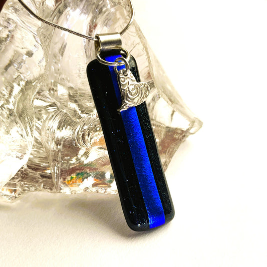 Blue on Blue Dichroic Glass Pendant with Silver Heart