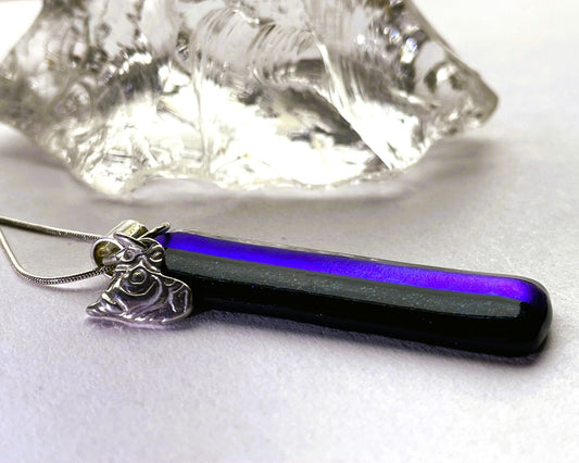 Blue on Blue Dichroic Glass Pendant with Silver Heart