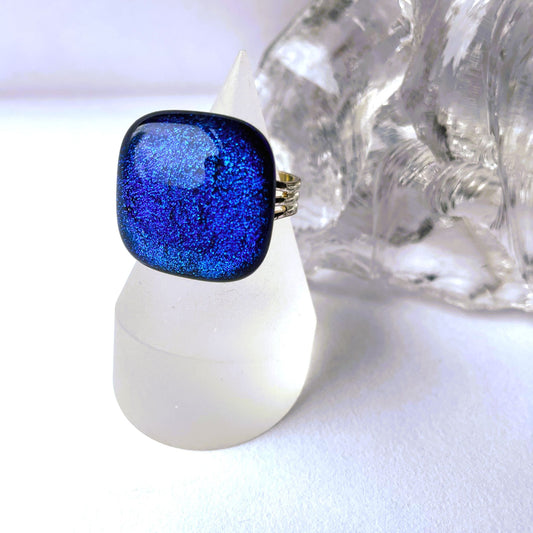 Blue Dichroic Fused Glass Statement Ring