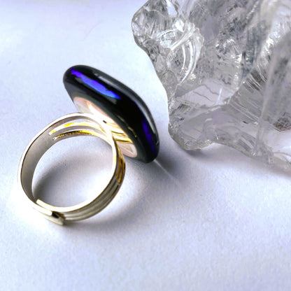 Blue Dichroic Fused Glass Statement Ring