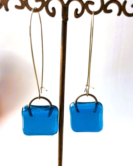 Iridescent blue fused glass earrings with large kidney wires