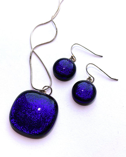 Bright blue dichroic pendant and earring set