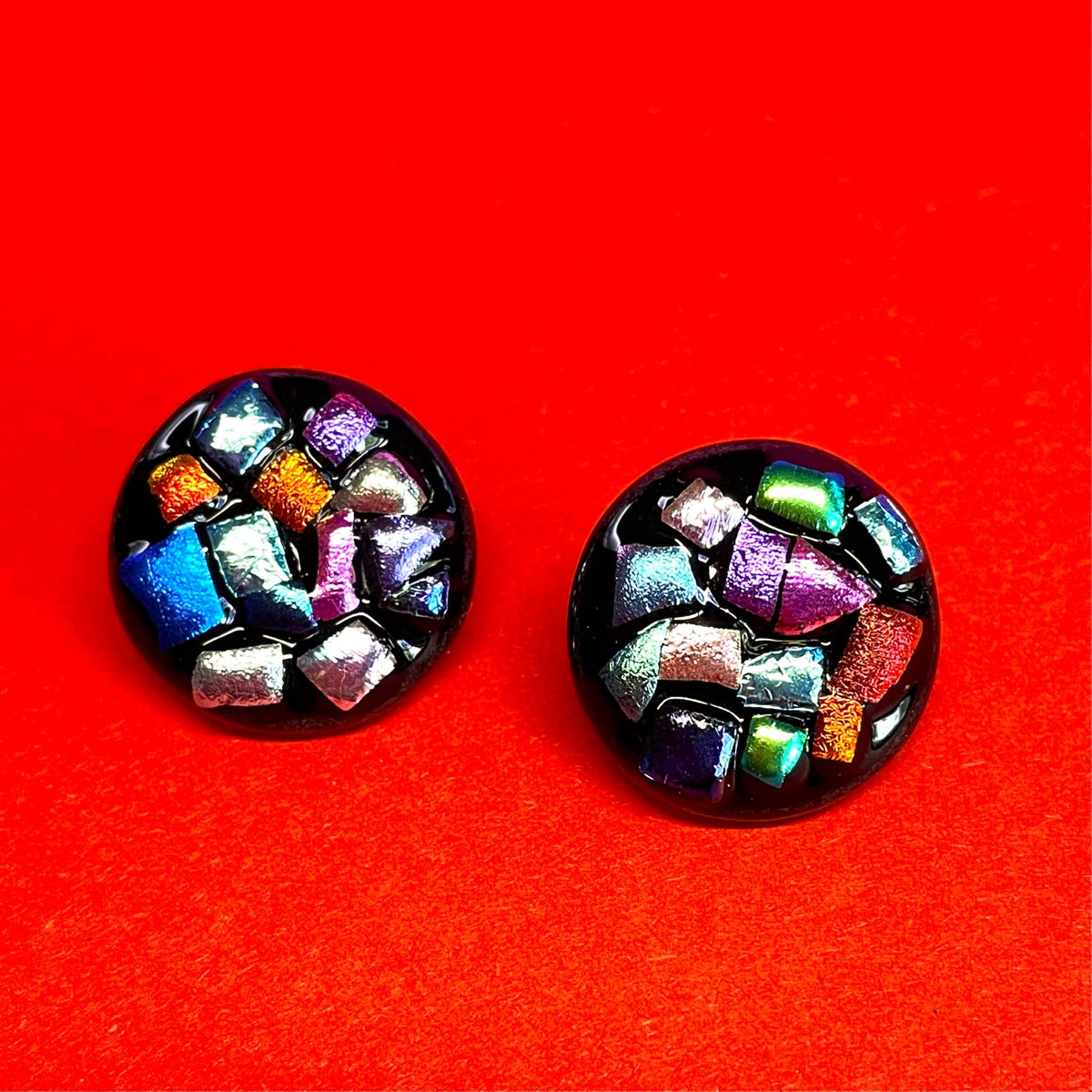 Set of 2 Black Opaque Glass Buttons with Satin Dichroic Glass