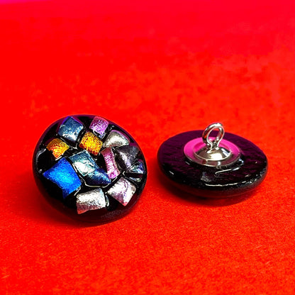 Set of 2 Black Opaque Glass Buttons with Satin Dichroic Glass
