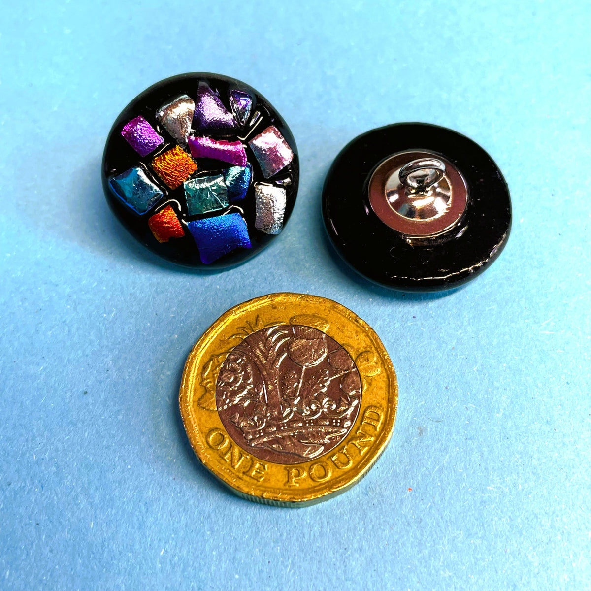 Set of 2 Black Opaque Glass Buttons with Satin Dichroic Glass