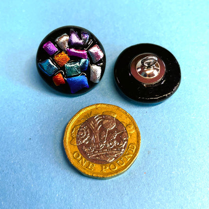 Set of 2 Black Opaque Glass Buttons with Satin Dichroic Glass