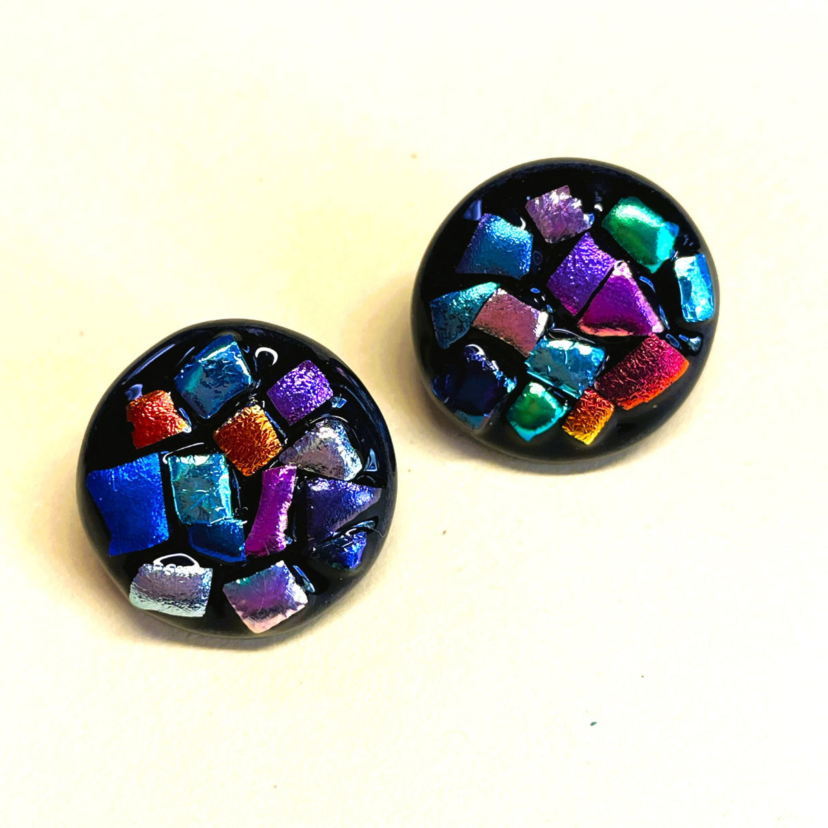 Set of 2 Black Opaque Glass Buttons with Satin Dichroic Glass