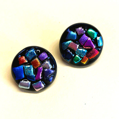 Set of 2 Black Opaque Glass Buttons with Satin Dichroic Glass