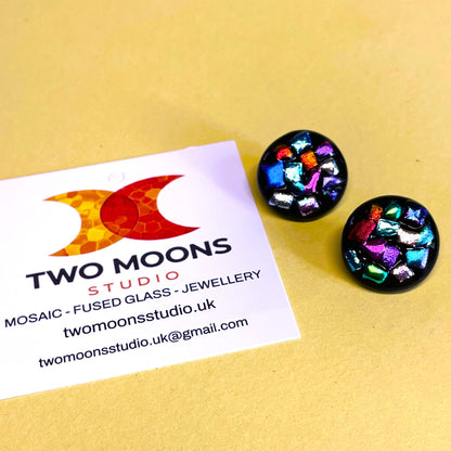 Set of 2 Black Opaque Glass Buttons with Satin Dichroic Glass