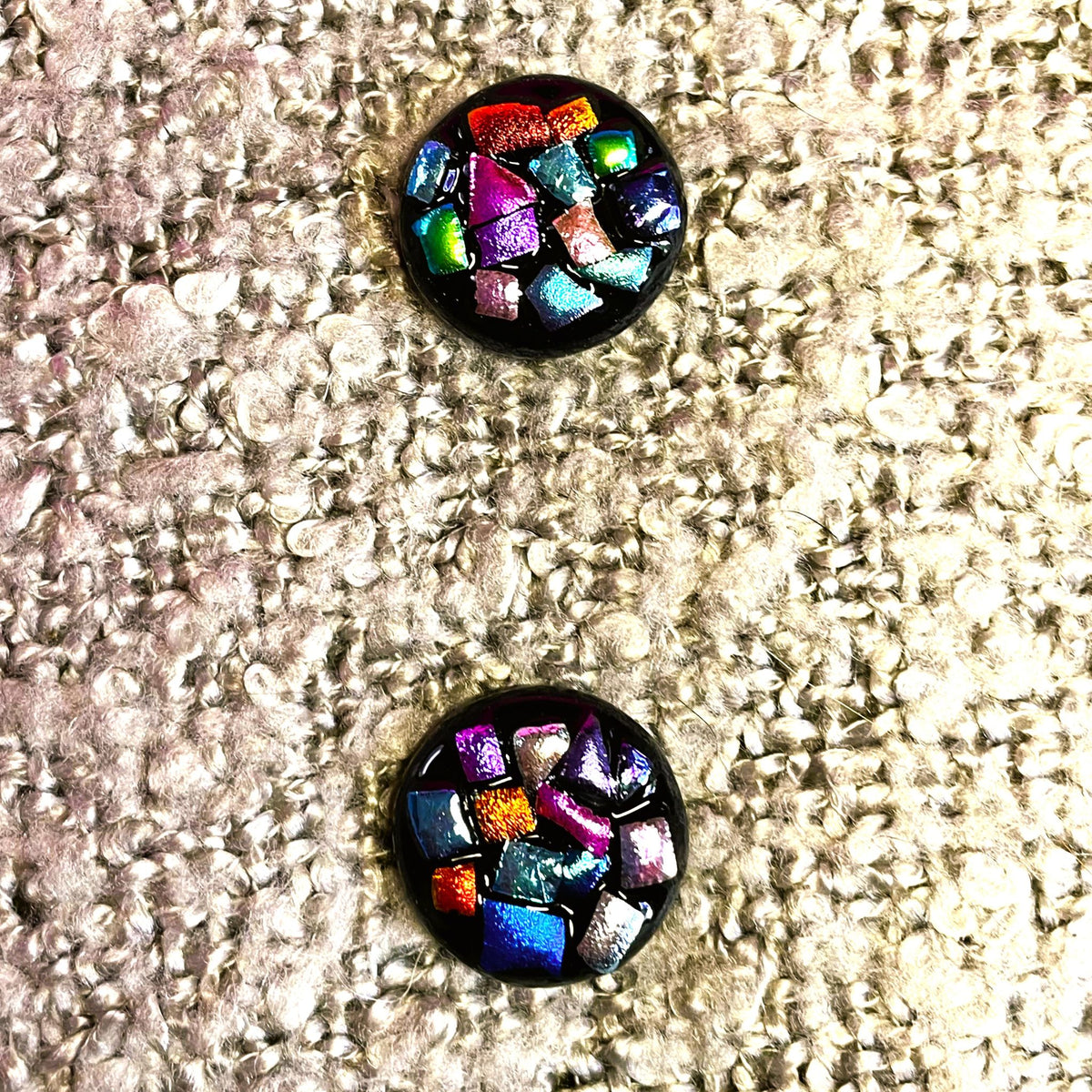 Set of 2 Black Opaque Glass Buttons with Satin Dichroic Glass