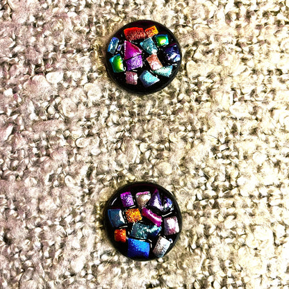 Set of 2 Black Opaque Glass Buttons with Satin Dichroic Glass