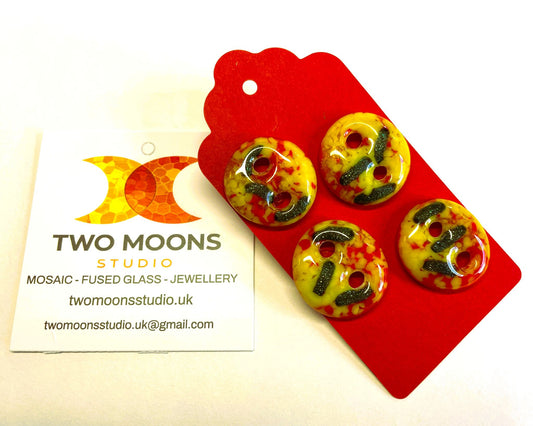 Handmade Fused Glass Buttons – Yellow & Green Sparkle, Set of 4