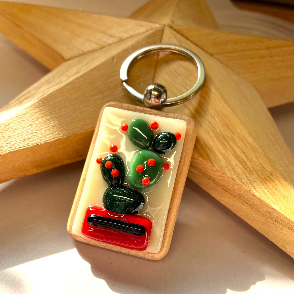 Flowering Cactus Fused Glass Keyring