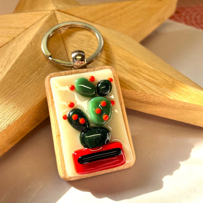 Flowering Cactus Fused Glass Keyring