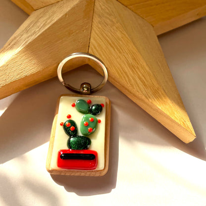 Flowering Cactus Fused Glass Keyring