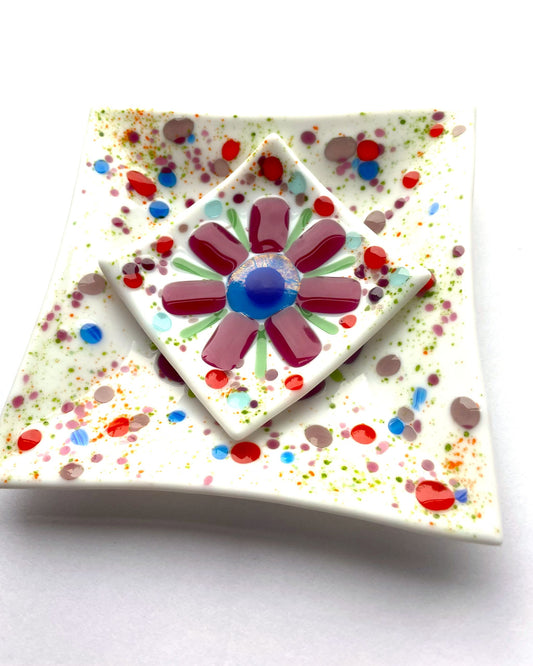 Fused Glass Flower Dish Set – Cranberry & Blue (Set of Two)