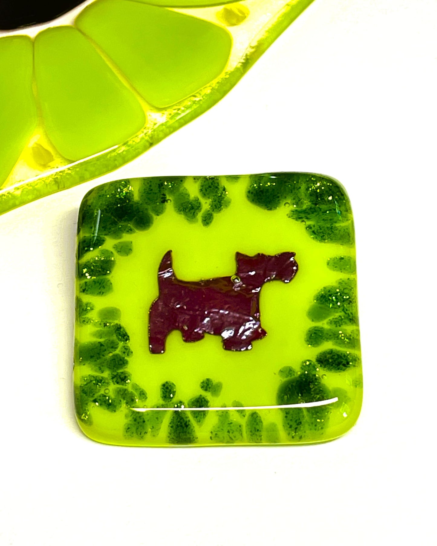 Sparkly Green and Copper Scottie Brooch — Dog Faces Right