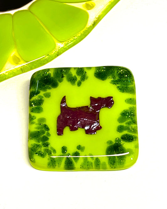 Sparkly Green and Copper Scottie Brooch — Dog Faces Right