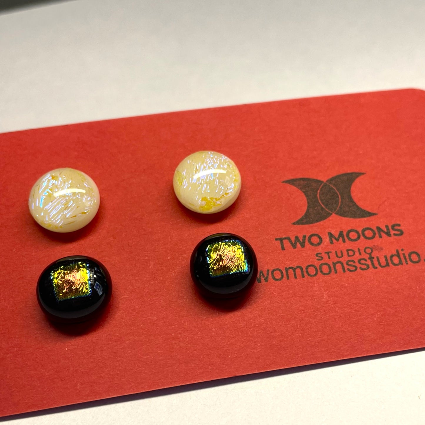 Vanilla and Black Dichroic Glass Stud Earrings — Set of Two Pairs