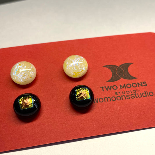 Vanilla and Black Dichroic Glass Stud Earrings — Set of Two Pairs