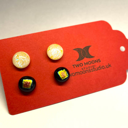 Vanilla and Black Dichroic Glass Stud Earrings — Set of Two Pairs