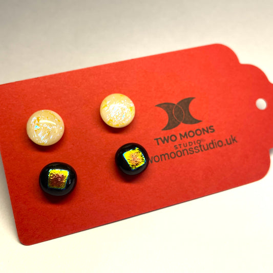 Vanilla and Black Dichroic Glass Stud Earrings — Set of Two Pairs