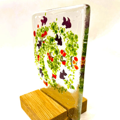 Front view of a clear fused-glass fish suncatcher standing in a wooden base