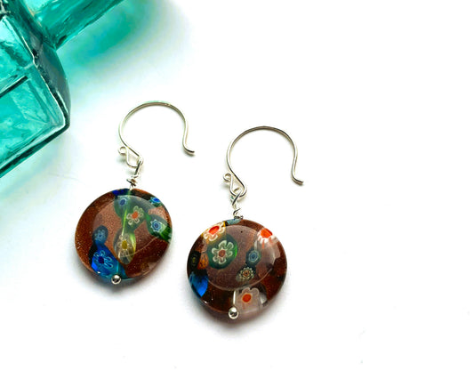 Gold millefiori disc earrings