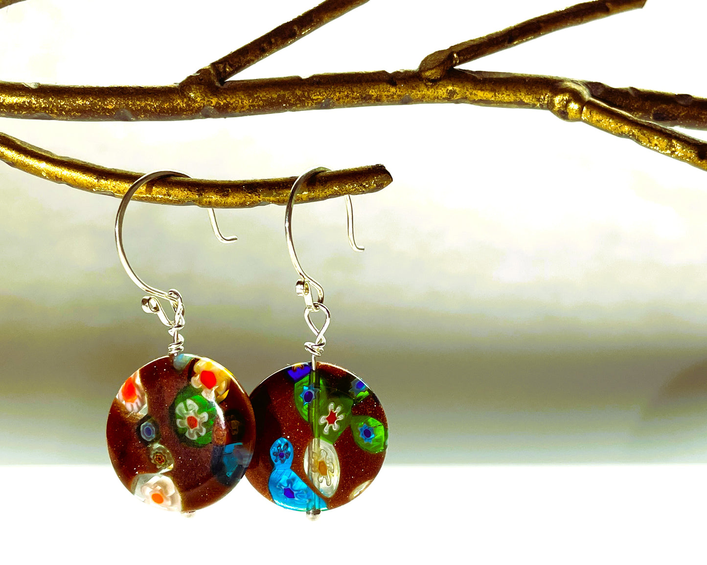 Gold millefiori disc earrings